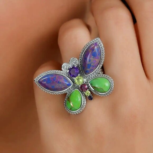 Mojave Turquoise Purple/Green/Blue Bracelet & Matching Butterfly Ring (Sz 7) NWT - Picture 6 of 16